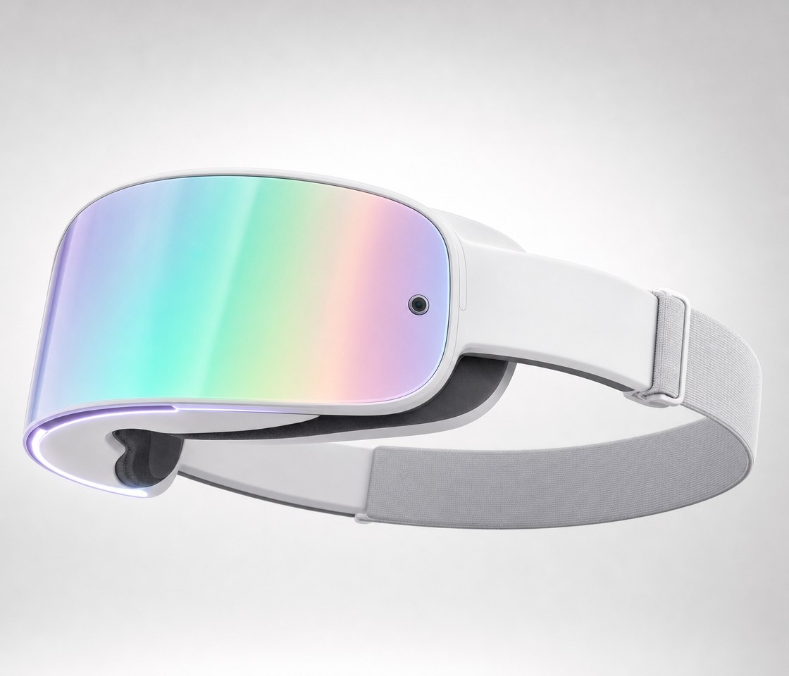 The headset from the opposite three-quarter angle, strap extended.