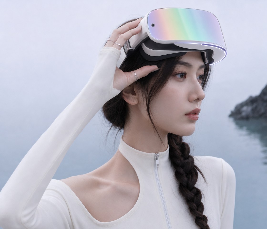 The headset worn lakeside, lifted back from the eyes.
