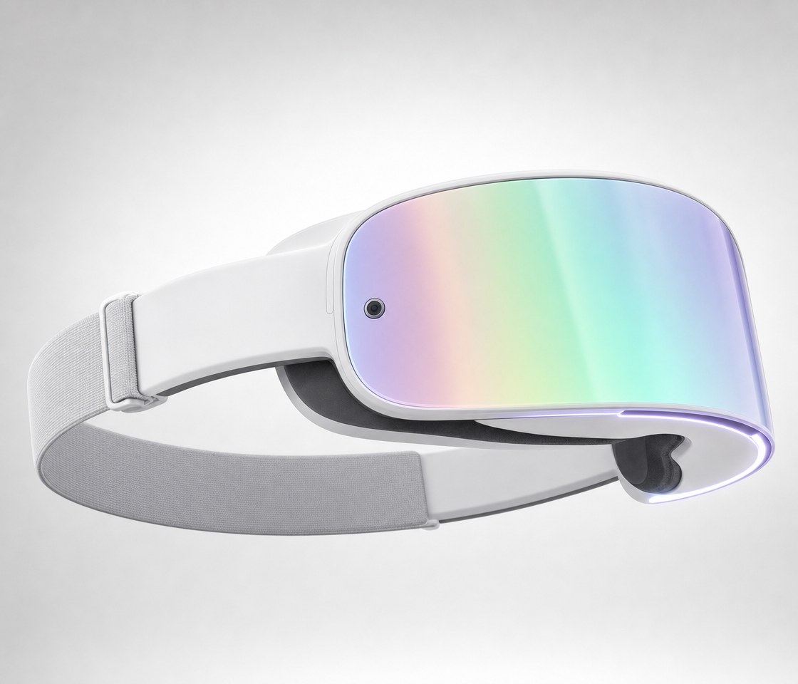 The NOVA X1 headset in three-quarter view, its iridescent visor shifting through the spectrum.